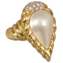 Retro 1970s R. Stone Mabe Pearl Diamond Gold Ring