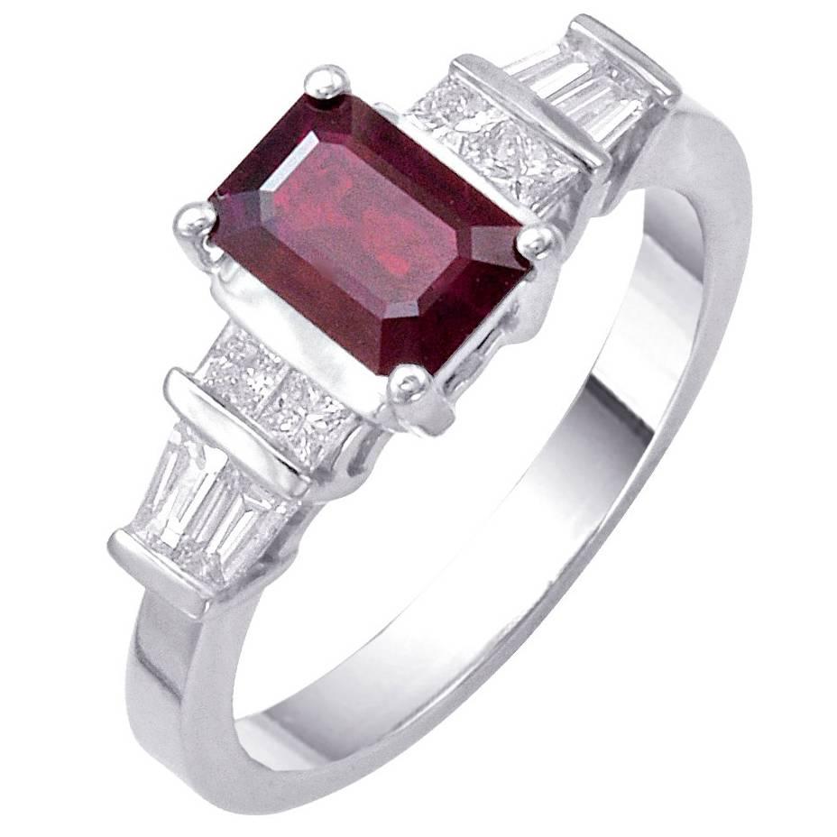 1.17 carat Emerald Cut Cushion Ruby Baguette Round Diamonds Ring