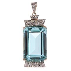 Aquamarine Diamond Two Color Gold Pendant