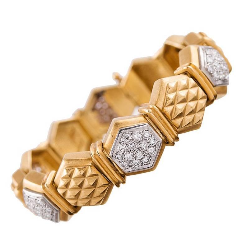 Hexagonal Diamond Gold Link Bracelet For Sale