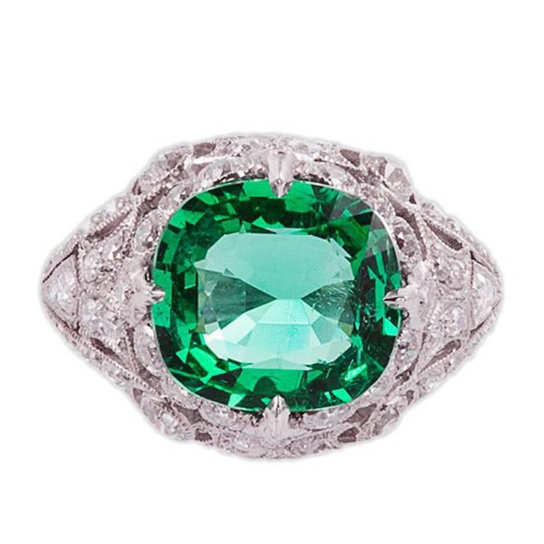 3.50 Carat Emerald Platinum Filigree Diamond Setting