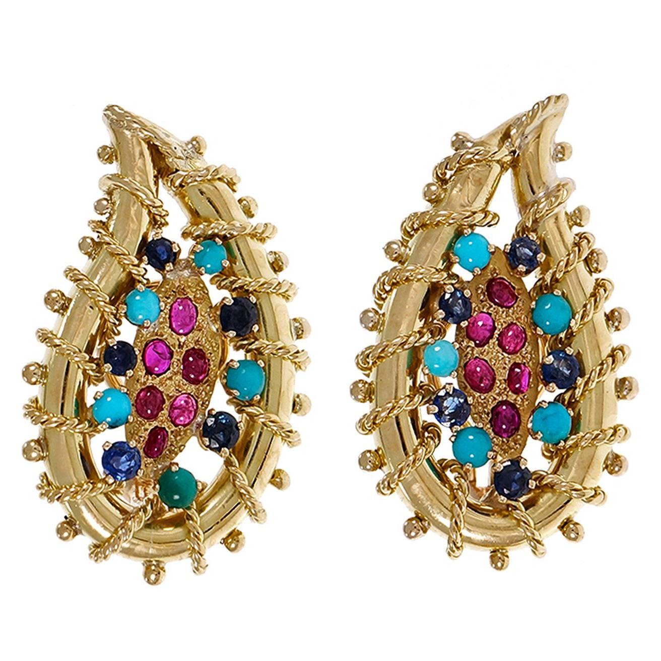 1950s Ruby Turquoise Sapphire Gold Clip Post Earrings 