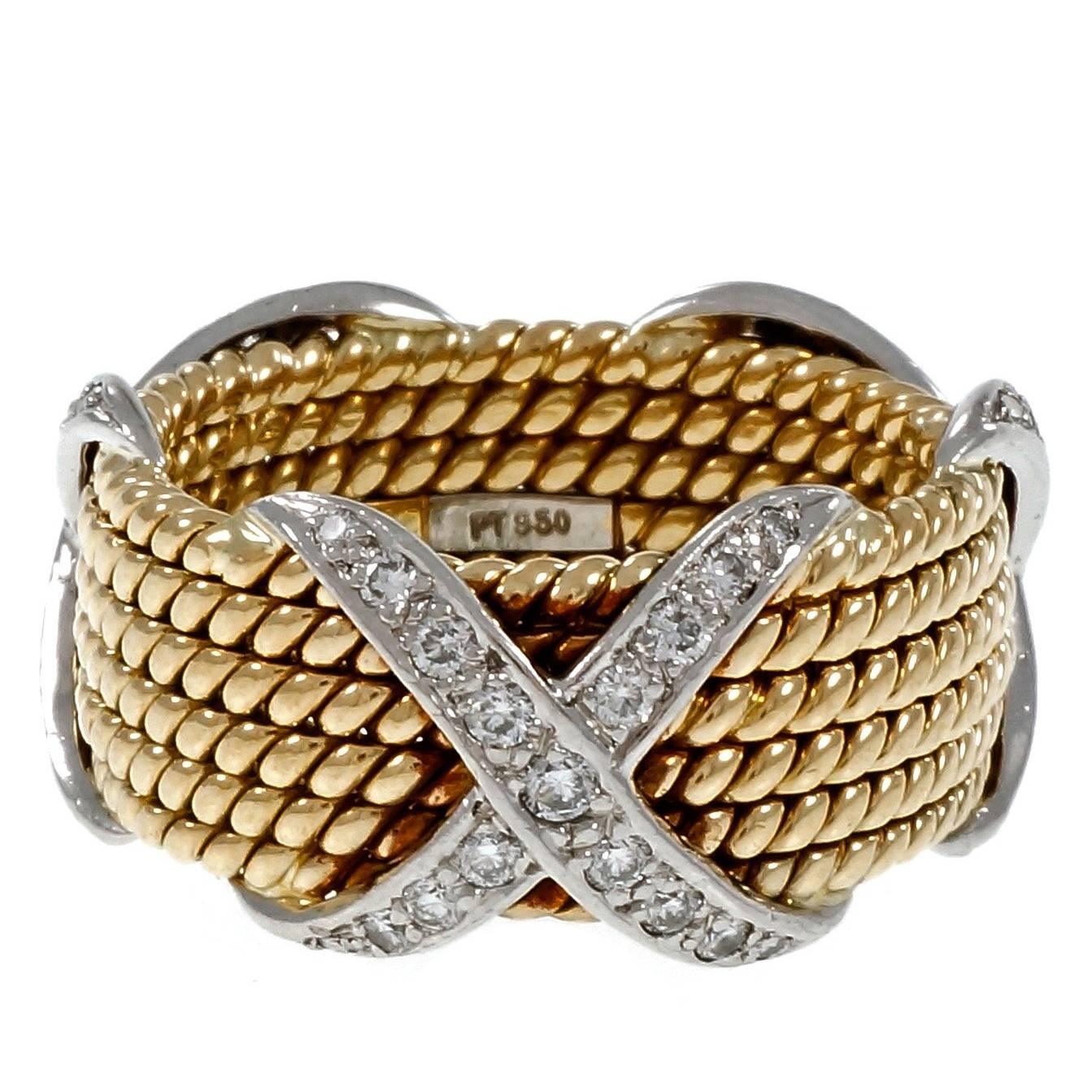 Tiffany & Co. Schlumberger X Diamond 6 Row Rope Gold Platinum Band Ring