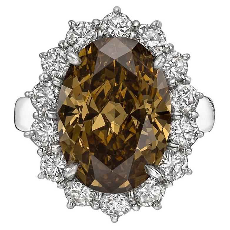 Fancy Deep 6.51 Carat Yellow Brown Diamond Cluster Ring
