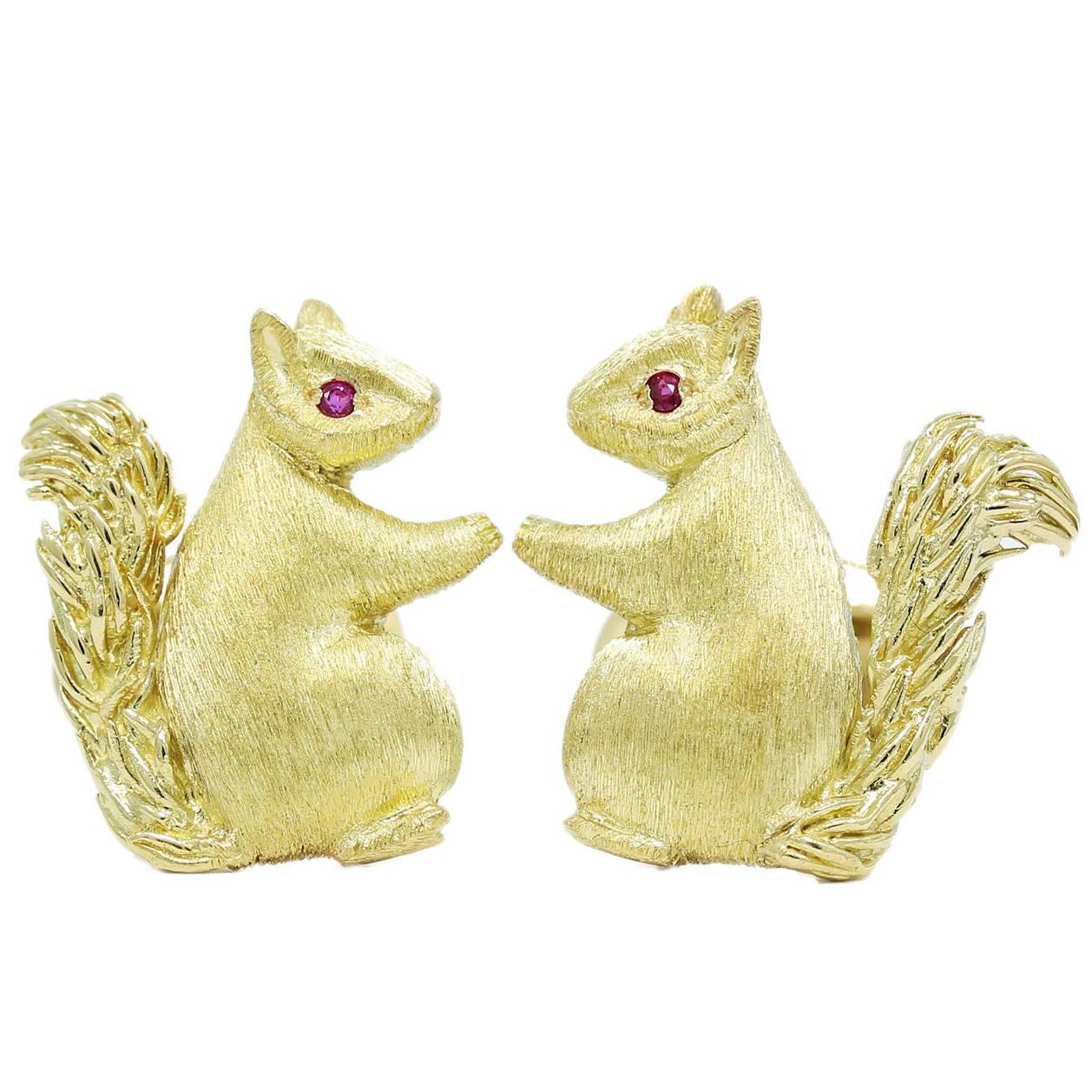 Gold Squirrel Cufflinks with Ruby Eyes For Sale