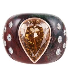 6.13 Fancy Brown Yellow Pear Diamond in Custom Bloodstone Mounting