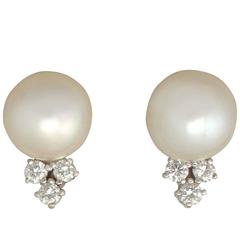 1990s Cultured Pearl and 0.21 Carat Diamond, 18 White Gold Clip On Earrings