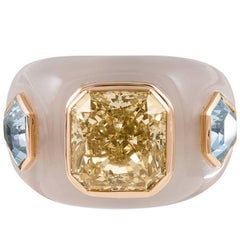 5.14 Carat Yellow Radiant Diamond Aquamarine Custom White Agate Mounted Ring