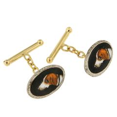 Vintage 1960s Gold Crystal Painted Dog Cufflinks