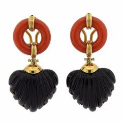 Italian Coral Onyx Gold Drop Earrings