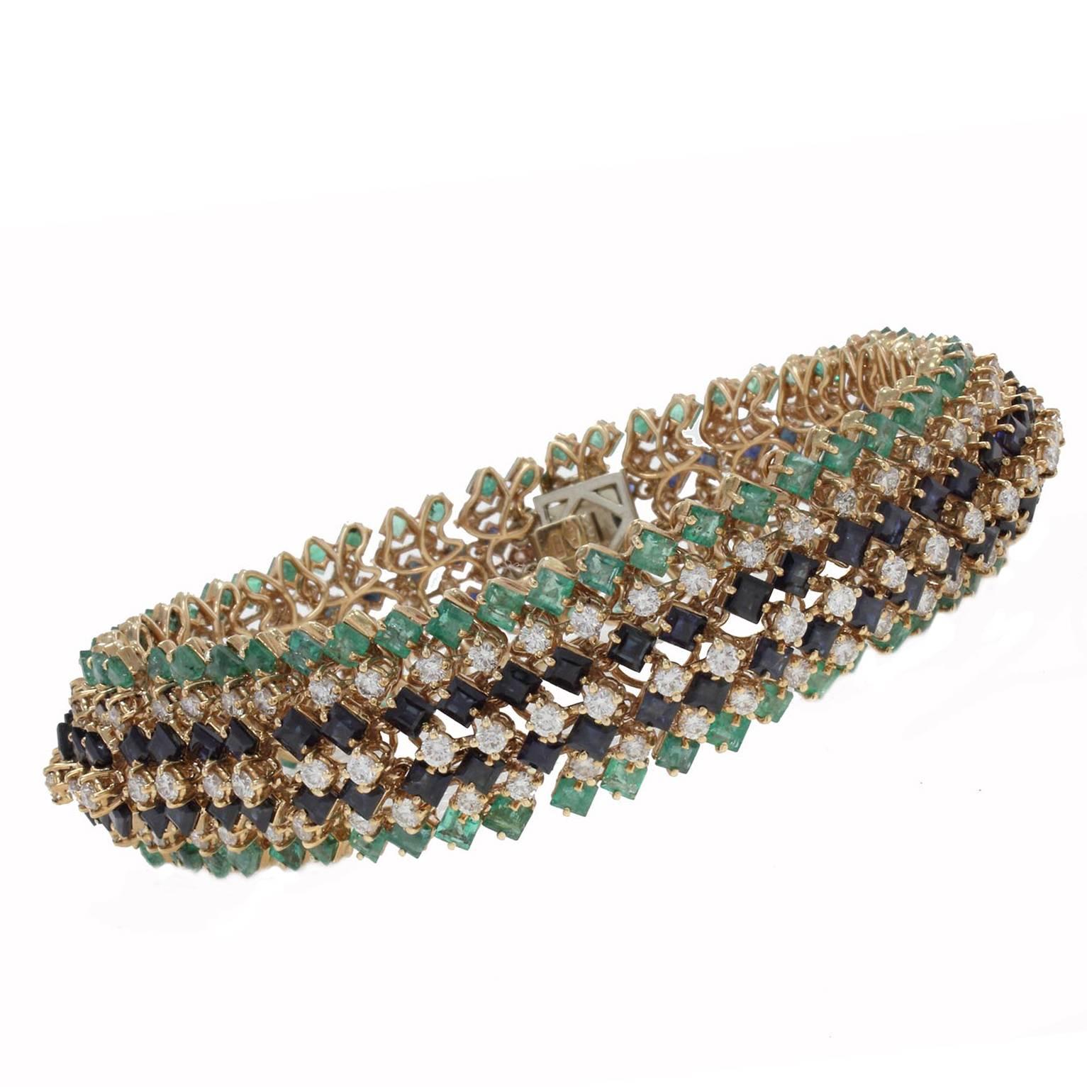 Emerald and Sapphire and Diamonds Gold Strands Bracelet
