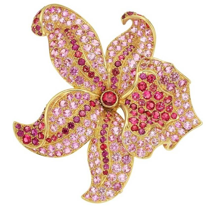 Tiffany & Co. French Sapphire Spinel Gold Orchid Brooch