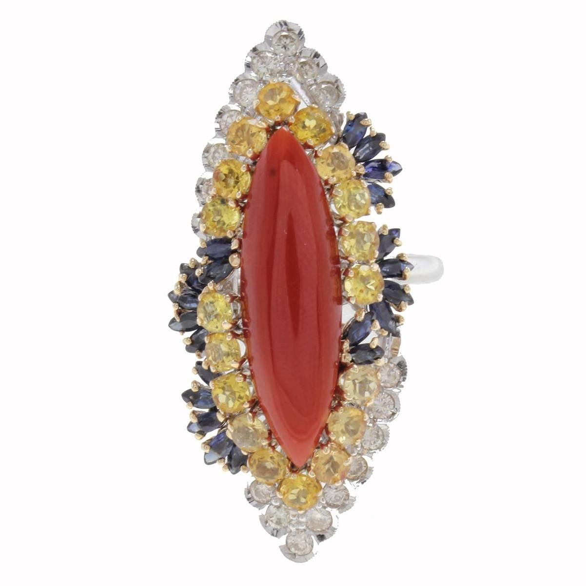 Luise Coral  Sapphire Topaz Diamond gold Ring