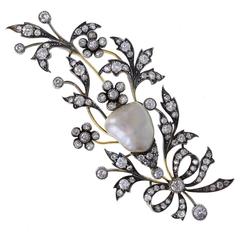 Antique Late Victorian Natural Pearl Diamond Silver Gold Brooch 5