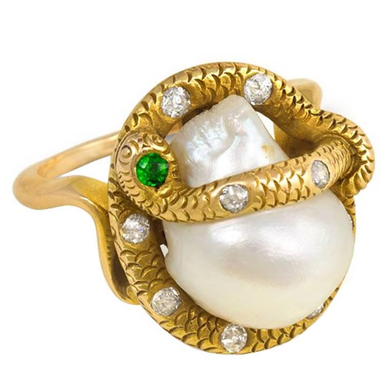 Antique Freshwater Pearl and Gemset Gold Serpent Ring