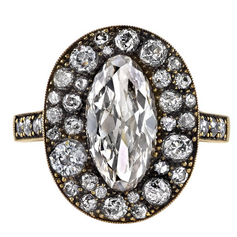 1.93 Carat Moval Cut Diamond Oxidized Gold Cobblestone Ring