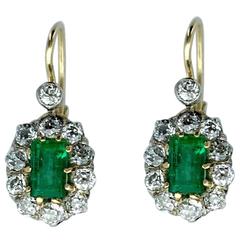 Antique Emerald Diamond Silver Gold Pair of Earrings 2