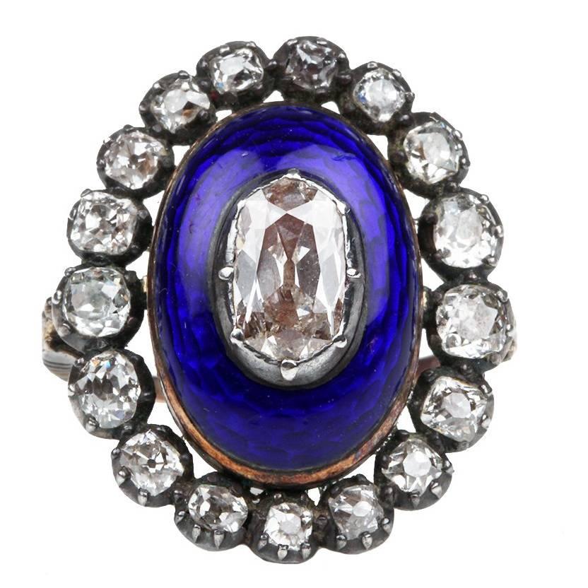 Antique Georgian Old Mine Cut Diamond  Blue Enamel Ring For Sale