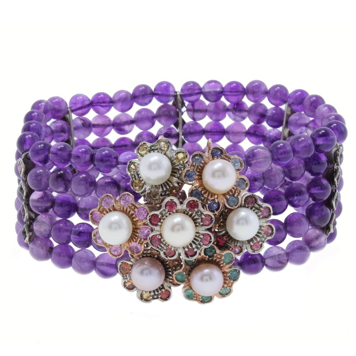 Amethyst Precious Stones and Pearls Gold and Silver Bracelet