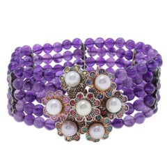 Vintage Amethyst Precious Stones and Pearls Gold and Silver Bracelet