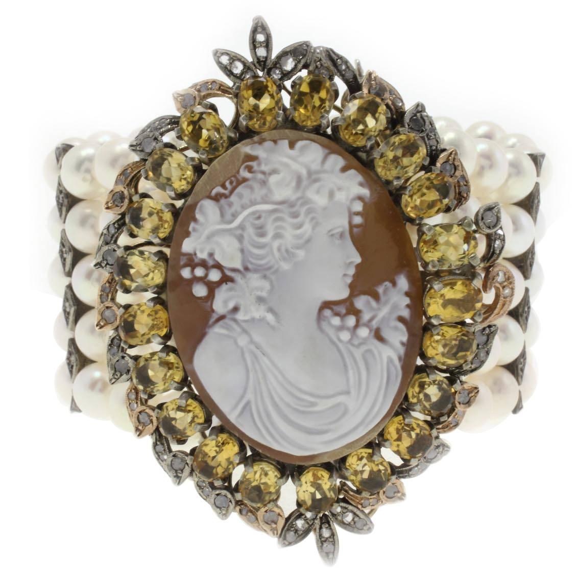 Pearls Diamond Topaz and Cameo Gold and Silver Bracelet