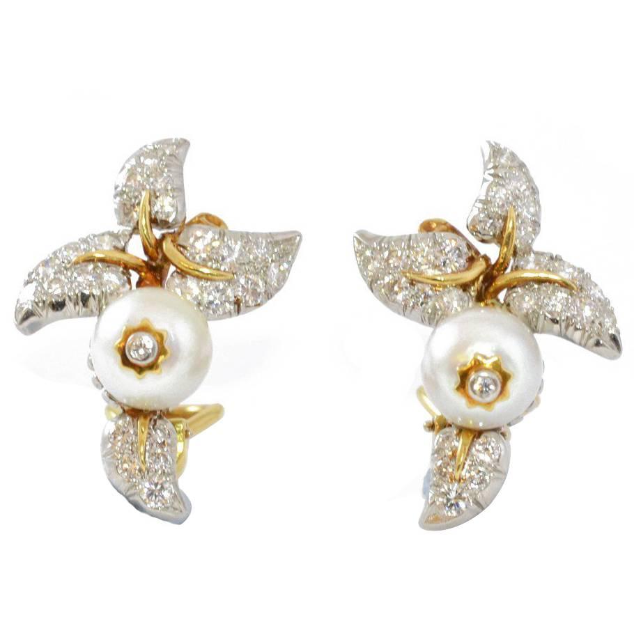 1940s Tiffany & Co. Schlumberger Pearl Diamond Gold Earrings For Sale