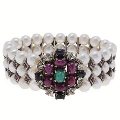 Luise Pearls Diamonds Rubies Sapphires and Emerald Gold and Silver Bracelet
