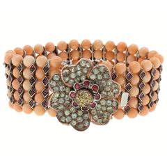 Luise Coral Bracelet with Sapphire Garnet Gold and Silver Flower Clamp