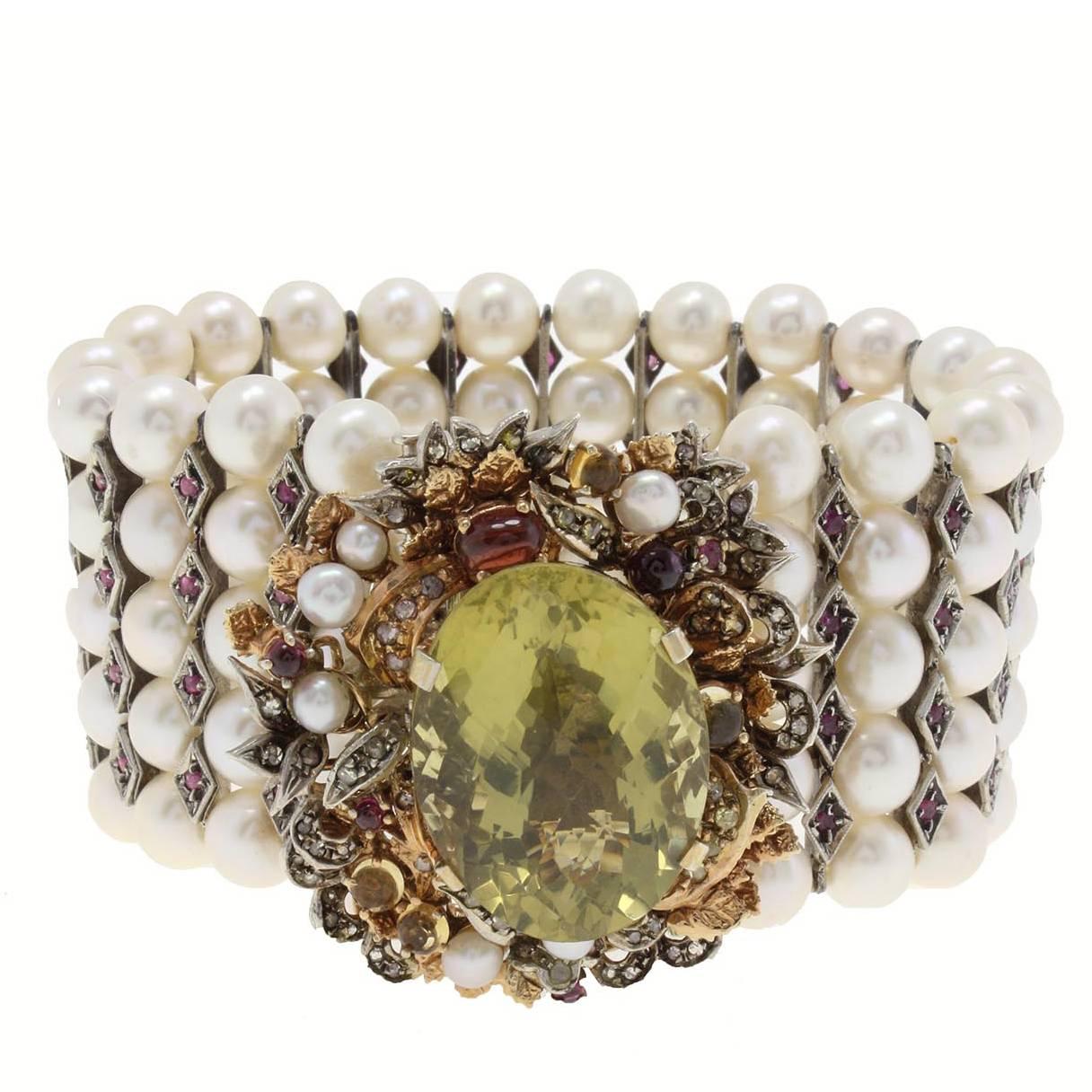 Pearl Diamond Ruby Semiprecious Silver Gold Bracelet