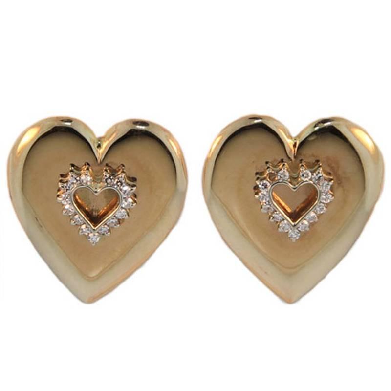 Vintage Diamond and Gold Heart Earrings For Sale