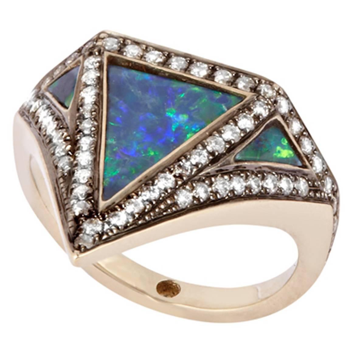 18K Grey Gold Vedra Pinky Ring with Black Opal and White Diamonds For Sale