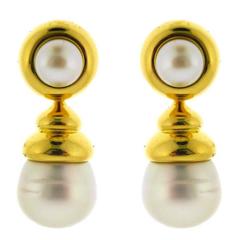 Cultured and South Sea Pearl Gold Earrings with Removable Drop