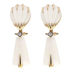 Hand Carved Shell Shape White Coral Diamond Earrings