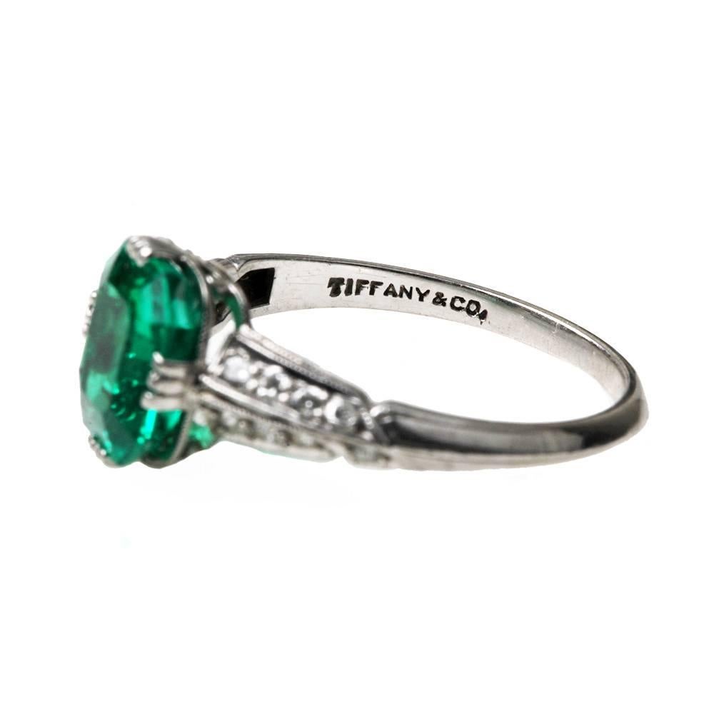  Tiffany & Co. Art Deco Emerald Diamond Platinum Ring 2
