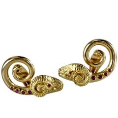 1960s Lalaounis Ruby Gold Ram's Head Ear Clips 5