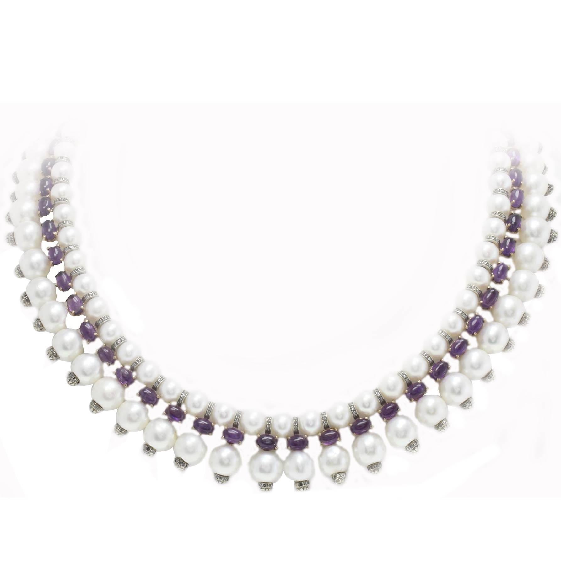 Pearl Amethyst Diamond Rose Gold Silver Necklace