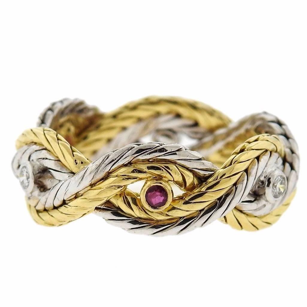 Buccellati Ruby Diamond Gold Braided Band Ring