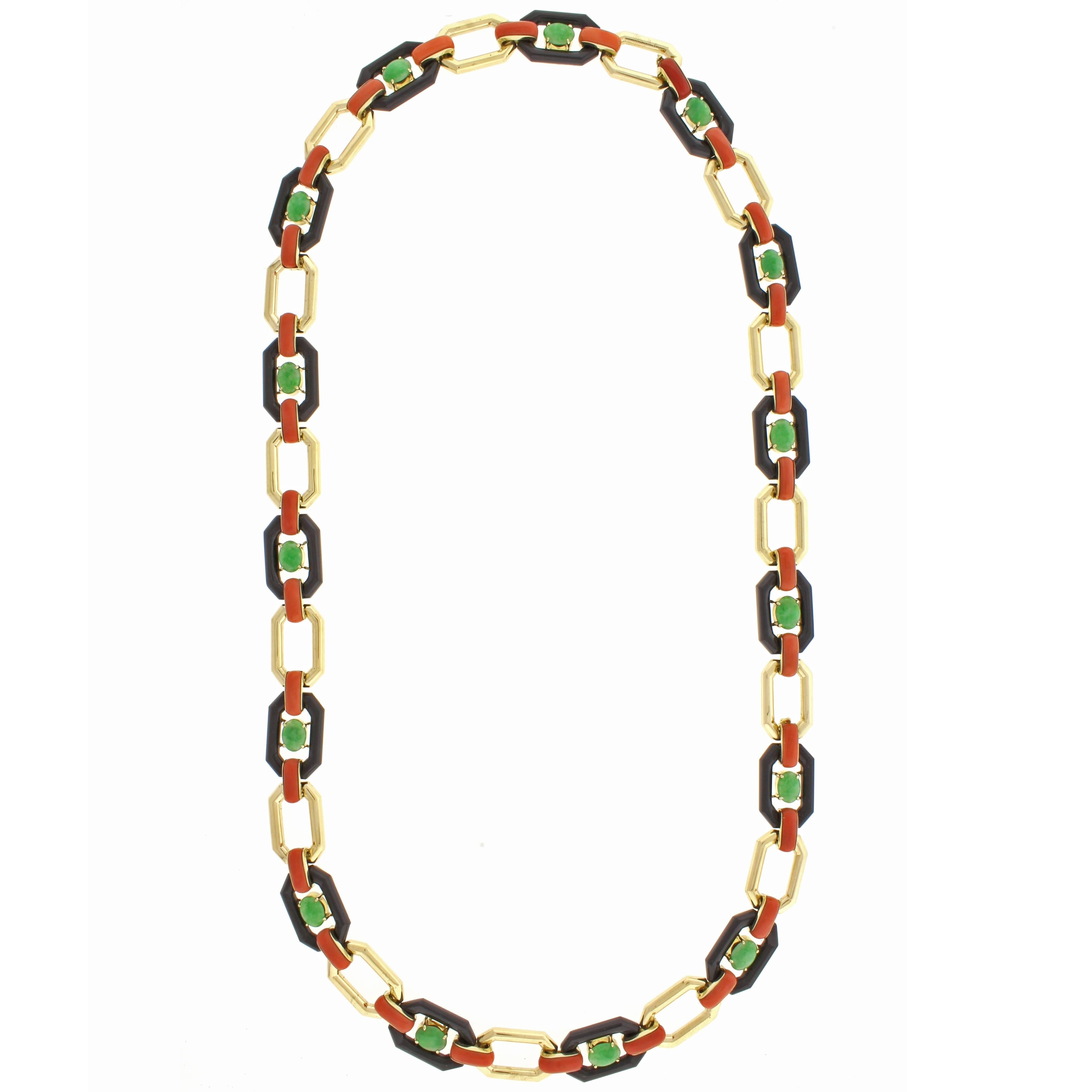 Art Deco Jade Onyx Coral Gold Necklace Bracelet Combination