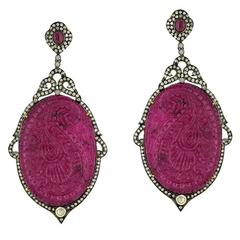 Paisley shaped carved Red Stone Diamond Silver Gold Earrings