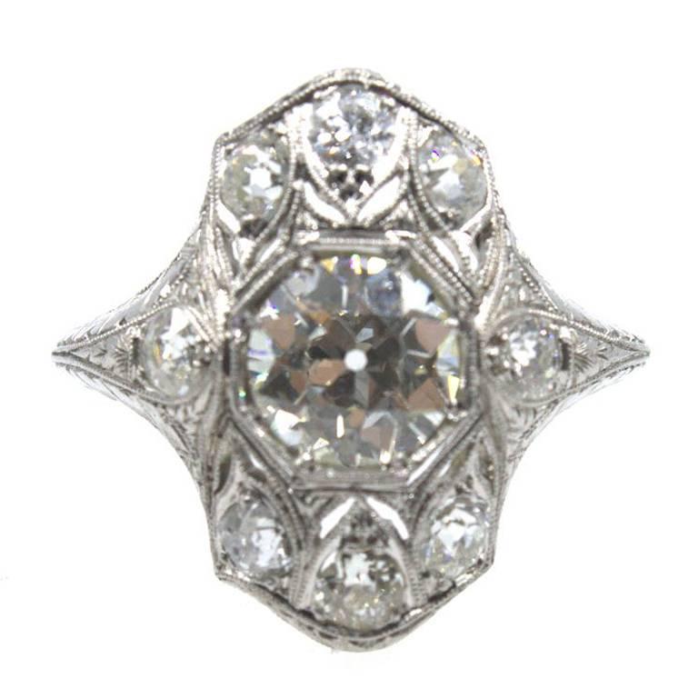 Art Deco Old European Cut Diamond Platinum Filigree Engagement Ring