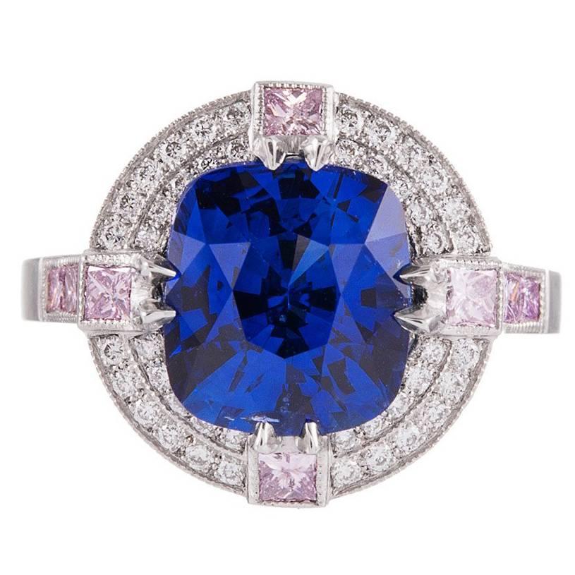 4.33 Carat Sapphire Pink and White Diamond Platinum Ring For Sale