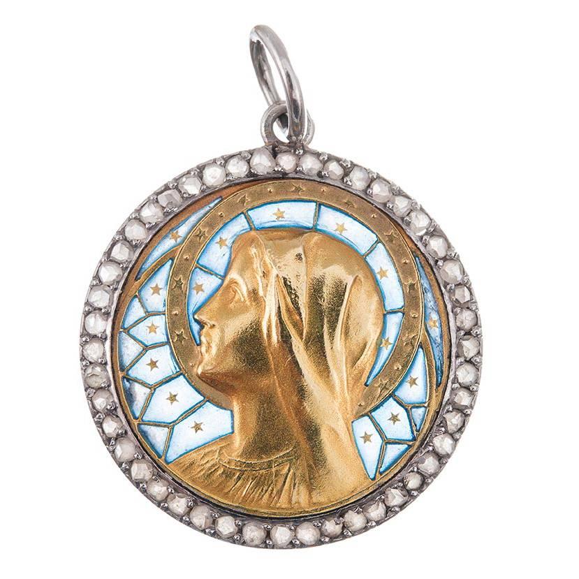 Plique-a-Jour Enamel Rose Cut Diamond gold platinum Madonna Pendant