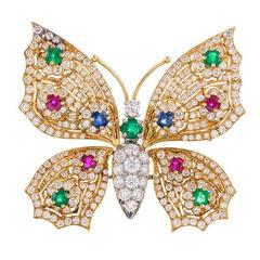 Gemstone Diamond gold platinum Butterfly Brooch
