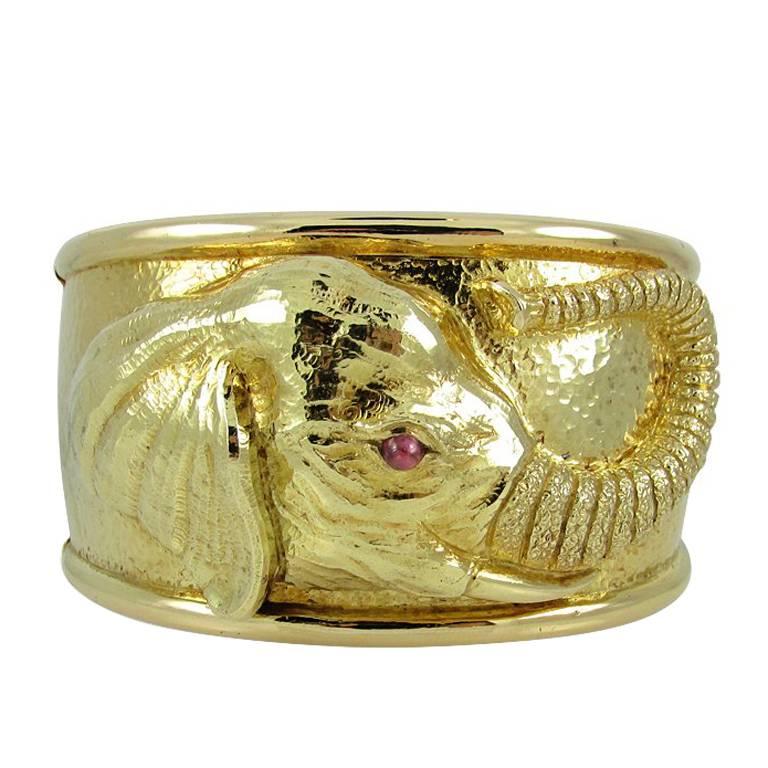 David Webb Ruby Gold Elephant Cuff Bracelet