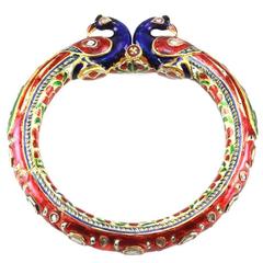 Hindu Enamel Rose Cut Diamond Peacock Gold Wedding Bangle Bracelet