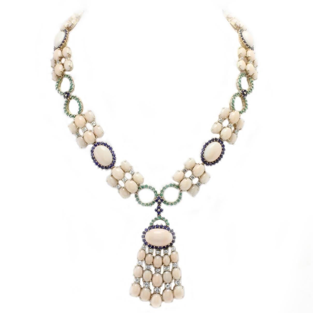 Oval Shape Pink Corals, Sapphires, Emeralds, Diamonds, 14K Rose Gold Necklace For Sale