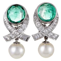 Pearl Emerald Diamond Platinum Clip-on Drop Earrings