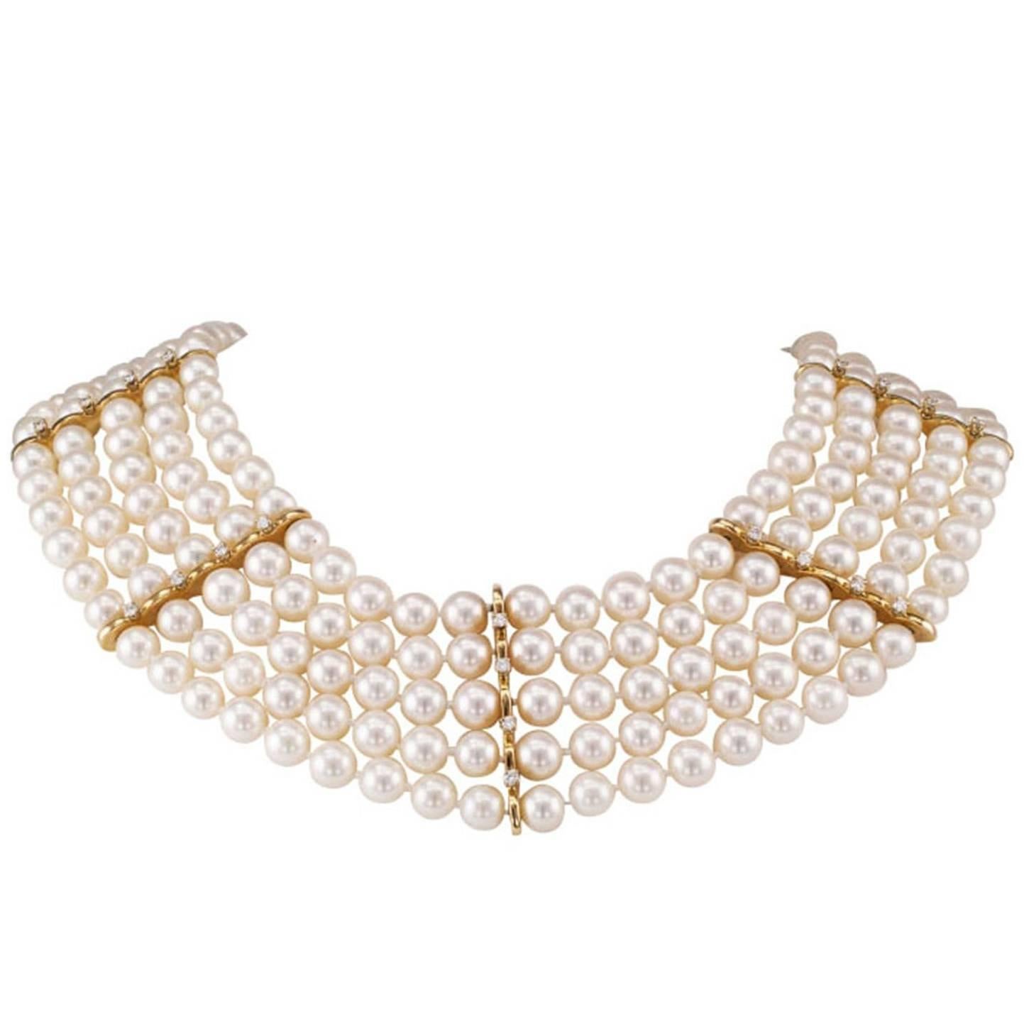 Mastoloni Pearl Diamond Five Strand Choker Collar