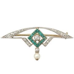Antique 1910s 0.28 Carat Emerald and 0.25 Carat Diamond, 18 k Yellow Gold Brooch 4