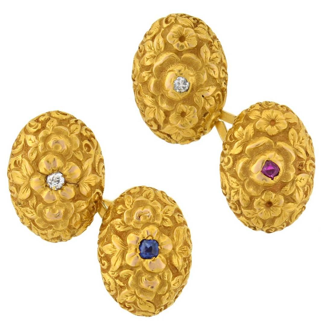 Art Nouveau Diamond Ruby Sapphire Repousse Gold Cufflinks